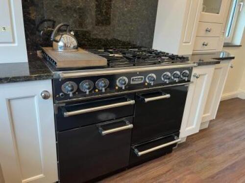 Falcon 5 Ring Dual Fuel Range Cooker in Black, Model 211-GEO Dual Fuel Open Top. Features 2 Ovens, Grill, Warming Drawer & Drop On Griddle Plate. Size H93 x W110 x D60cm. Comes with Installation & Instruction Manual. Ex-Display.