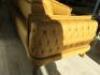 Mottled Mustard Coloured Faux Leather 3 Seater, 2 Cushion Sofa with Wood Arm Inserts. NOTE: Slight Damage (As Pictured). Size 80 x 234 x 95cm. - 7