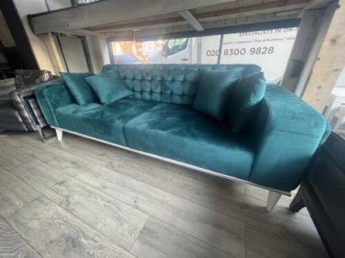 Blue Grass Coloured Velour 3 Seat, 2 Cushion Sofa on White Base and Spindle Legs & 4 Cushions. Size 80 x 233 x 100cm.