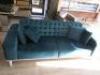 Blue Grass Coloured Velour 3 Seat, 2 Cushion Sofa on White Base and Spindle Legs & 4 Cushions. Size 80 x 233 x 100cm. - 2