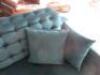 Blue Grass Coloured Velour 3 Seat, 2 Cushion Sofa on White Base and Spindle Legs & 4 Cushions. Size 80 x 233 x 100cm. - 4