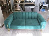 Green Crushed Velour 3 Seater, 2 Cushion Sofa with Fold up Back and Brass Feet. Size 80 x 185 x 95cm.