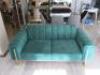 Green Crushed Velour 3 Seater, 2 Cushion Sofa with Fold up Back and Brass Feet. Size 80 x 185 x 95cm.