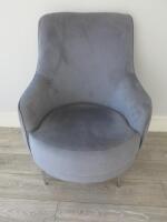 Grey Velour Armchair on Metal Legs. Size 100 x 75cm.