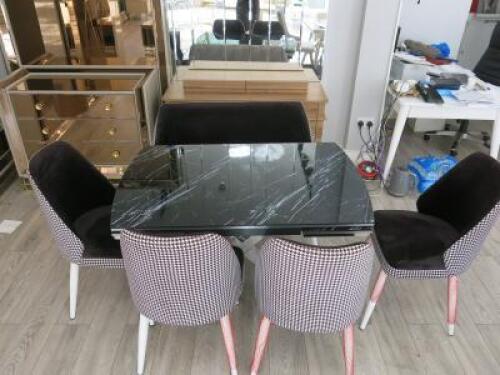 Black Imitation Marbled Extending Dining table, with 3 Matching Black Velour with Checked Back Dining Chairs and Bench seat. Extended Table Size 78 x 180 x 80cm. Standard Size 78 x 120 x 80cm.