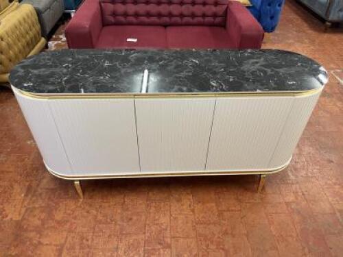 Imitation Marble Top Curved White End Sideboard with 3 Doors & 2 Shelf. Size 84 x 168 x 48cm.