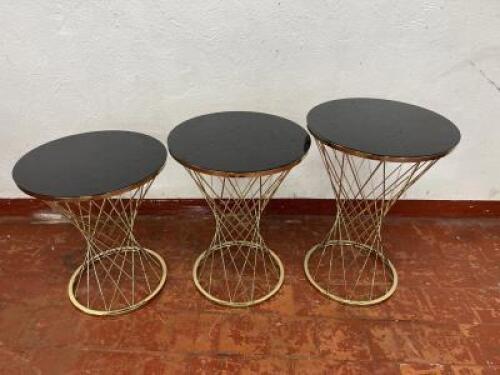 Nest of 3 Smoked Glass Side tables on Twisted Gold Coloured Metal Frame. Size H50 x Dia 42cm.