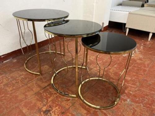 Nest of 3 Round Smoked Glass Side Tables on Gold Metal Frame. Size Dia 51cm.