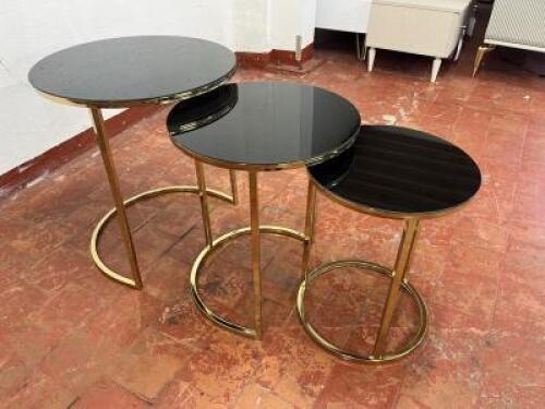 Nest of 3 Round Glass Topped Side Tables. Size H76 x Dia 50cm.