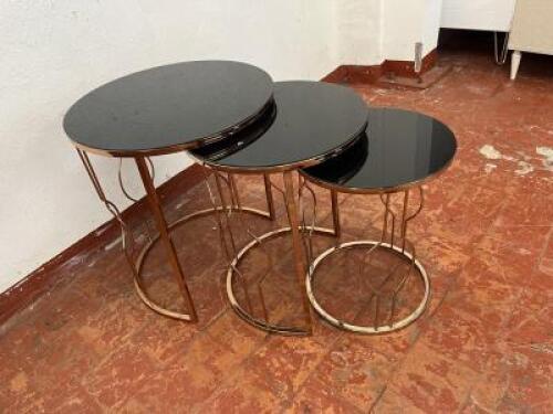 Nest of 3 Smoked Glass Side Tables on Rose Chrome Frame. Size H56 x Dia 50cm.