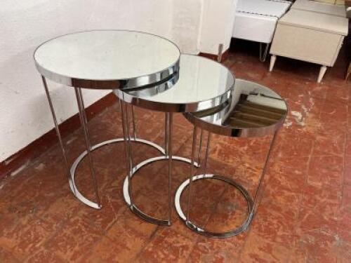 Nest of 3 Round Mirrored Top Side Tables on Chrome Frame. Size H56 x Dia 50cm.