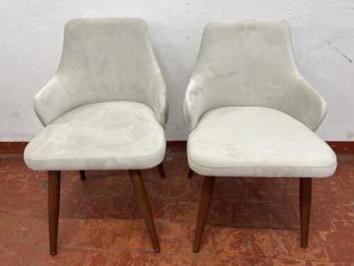 2 x Matching Grey Velour Button Backed Dining Chairs with Wood Legs. Size H90cm.