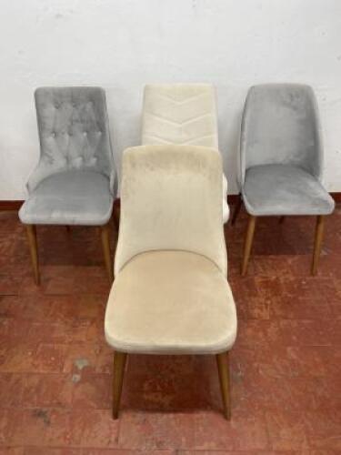 4 x Velour Dining Chairs on Wood Spindle Legs. Size H90cm.