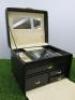 Black Faux Leather Jewellery Box, Lift Up Lid, Drop Down Front with 4 Drawers, Cream Suede Lining & Mirror with Key. - 4