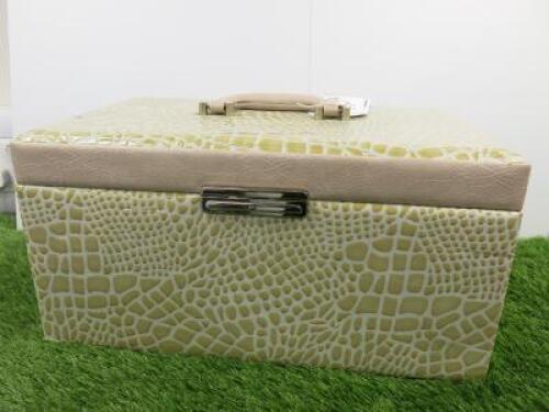 Adore Fauz Snakeskin Jewellery Vanity Box with Draws, Compartments & Mirror. Lockable with Key. Size H20 x W40 x D26cm.