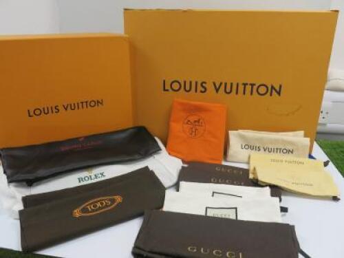 23 x Assorted Boxes, Bags & Dust Covers to Include: 2 x Louis Vuitton Boxes, 9 x Louis Vuitton Dust Covers, 7 x Gucci Dust Covers, 1 x Hermes Dust Cover, 2 x Tods Dust Covers, 1 x Bruno Carlo Dust Cover & 1 x Rolex Shopping Bag.