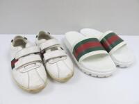 2 x Pairs of Gucci Shoes to Include: 1 x Pair of Sliders Size 7 & 1 x Trainers Size 37. Comes with Dust Covers.