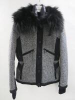 Moncler Grenoble Goose Down Jacket in Black & White with Detachable Silver Fox Fur Trimmed Collar, Size 4. Comes with Original Box & Appears Unused.