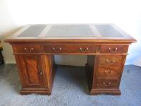 Reproduction Walnut Effect Wooden Pedestal Desk with Leather Inserts, Draws & Cupboards. Size H82 x W139 x D74cm.