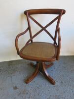 Wood Fixed Base, Adjustable Swivel Chair with Wicker Style Seat.