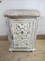 White Washed Wooden Cupboard with Mirror Backed Lattice Door. Size H86 x W59 x D46cm.