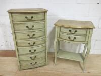 3 x French Inspired Shabby Chic Pieces of Sage Painted & Natural Wooden Bedroom Furniture to Include: 7 x Draw Tallboy Unit (Size H95 x W52 x D35cm) & 2 Draw Side Table (Size H77 x W55 x D40cm).