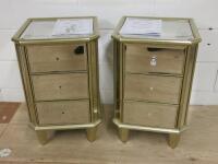 Pair of Next Juliette Bevelled Mirror 3 Draw Bedside Cabinets with Gold Wood Frame. Size H68 x W43 x D43cm.