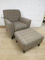 Tartan Patterned Fabric Grey Armchair with Footstool.