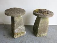 Pair of Aged Stone Base & Concrete Top Garden Mushroom Shape Ornaments. Approx. H70cm.