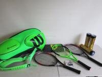 3 x Wilson Tennis Rackets, Countervail Bag, Ferrari Towel, 3 Tubes of Tennis Balls & Grips.