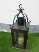 Wood & Wrought Iron Lantern with Candle, Size H50 x 20 x 20cm.