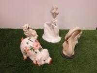 5 x Items of China Ornaments to Include Sitting Lady, Pair of Matching Dogs, Swan & Piggy bank.