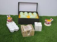 Boxed Oriental tea Set, 2 Chicken Egg Cups, 2 x Egg Trays, Salt & Pepper Pots, Stack of 4 Placemats.