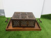 A Wooden Tray with Handles and A Small Wooden Ornamental Chest.