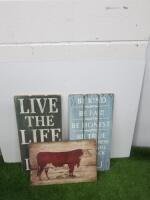 3 x Wooden Wall Plaques, 2 Inspirational and 1 with A Picture of a Bull with Horns.