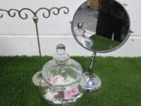 3 Items to Include a Shaving Mirror, Ring/Necklace Stand and Glass Jar.