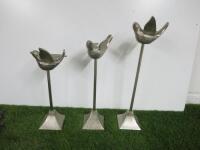 Three Silvered Birds Flying on Stands, 37cm, 40cm & 46cm.