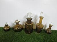 Set of 5 Bronze Coloured, Decorated Bottles with Stoppers, All Different Sizes and Shapes.