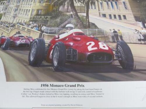 Formula Art Limited Edition David Johnson Lithograph. Sir Stirling Moss 1956 Monaco Grand Prix Driver Signed Edition, No 258/500. Comes with Certificate. Overall Print Size Including Border 43 x 59cm.