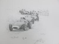 Formula Art Limited Edition David Johnson Authentic Sketch Print. Sir Stirling Moss Tony Brooks British Grand Prix Greats Driver Signed Edition, 12/50. Comes with Certificate. Overall Sketch Size 30 x 42cm.