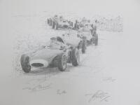 Formula Art Limited Edition David Johnson Authentic Sketch Print. Sir Stirling Moss Tony Brooks British Grand Prix Greats Driver Signed Edition, 46/50. Comes with Certificate. Overall Sketch Size 30 x 42cm.