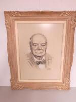 Framed & Glazed Sketch in Charcoal of Winston Churchill By Tom Hall. Size 83 x 69cm. NOTE: believed to be circa pre 1960's.