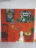 Oil on Canvas Painting of a Dalmatian Dog and Flowers, Signed by The Artist. Size 92 x 92cm.