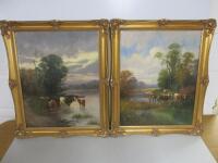 Pair of Framed Oil on Canvas River Landscape with Cows, Signed By The Artist, Size 60 x 50cm. NOTE: believed to be circa pre 1960's as inherited and owned by current vendor and family since then.