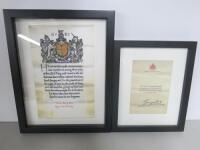 2 x Framed & Glazed Prints of Letter From George V & Scroll From Royal Field Artillery.