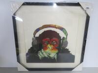 New Framed, Glazed & Mounted 3D Monkey with Headphones Print, Size 60 x 60cm.