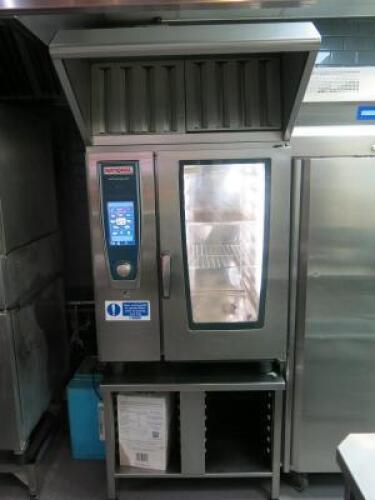 Rational Self Cooking Centre Combi Gas 10 Grid Oven, Model SCC WE 101, 18.6 KW, S/N E11SI16082540390, with Rational Ultra Vent Condensation Hood, Model 60.72.320, S/N ETIUE160850134 & Comes with Rational Bakery Stand. Size H104 x W85 x D78cm.