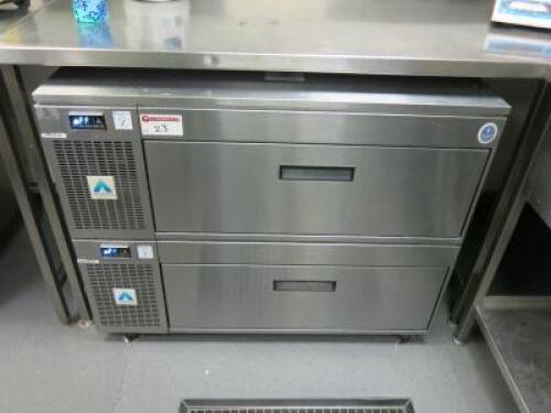 Adande 2 Drawer Stainless Steel Under Counter Fridge Freezer Refrigerated Cabinet, Model VCS R2. Size H86 x W110 x D70cm.