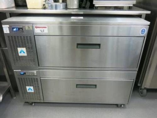 Adande 2 Drawer Stainless Steel Under Counter Fridge Freezer Refrigerated Cabinet, Model VCS R1. Size H86 x W110 x D70cm.