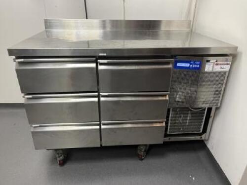 CCE Group Supplied Stainless Steel 6 Drawer Refrigerated Counter Fridge. Size H90 x W123 x D70cm. (Note: missing panel (As Viewed/Pictured).